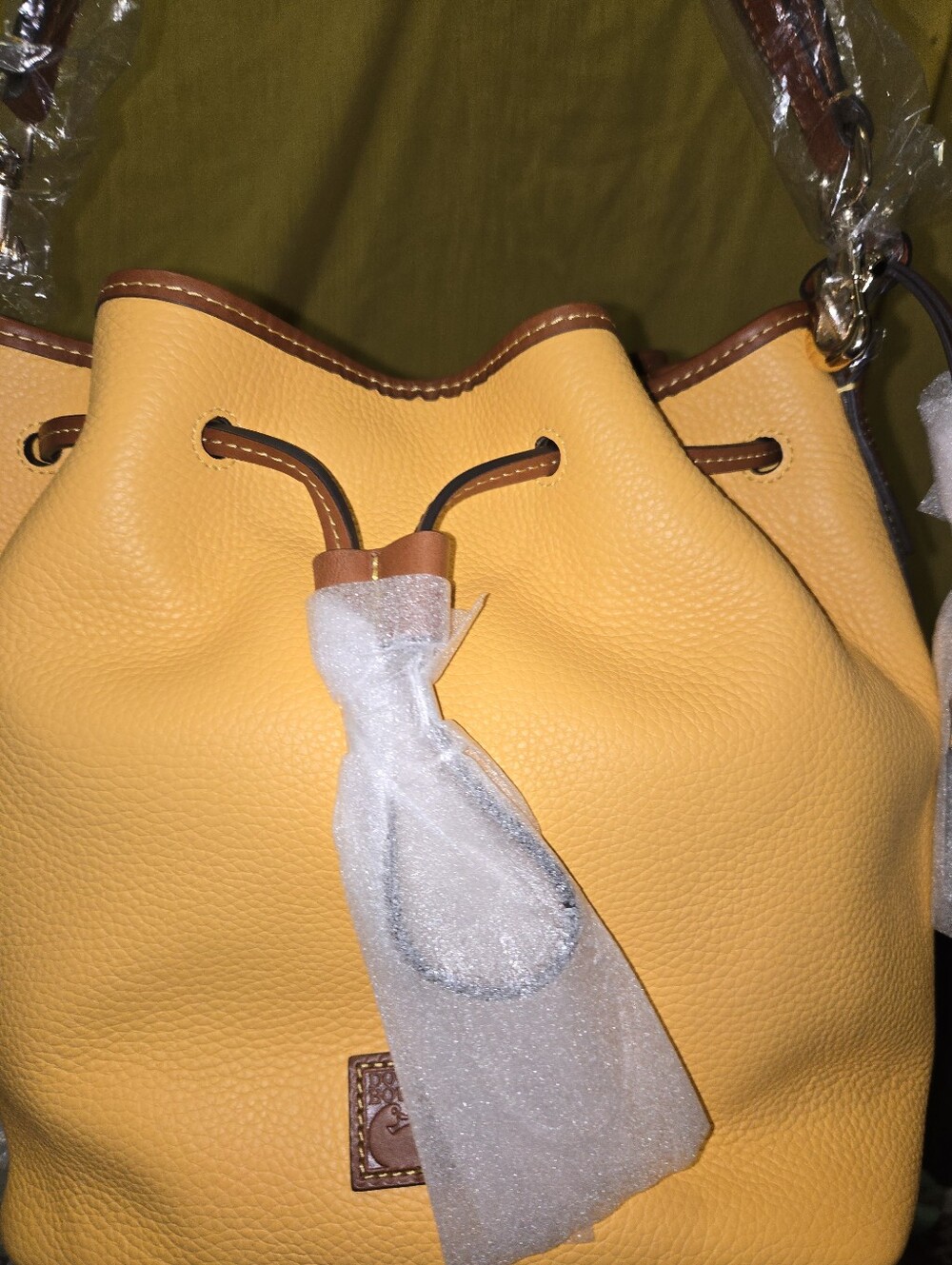 Dooney & Bourke Mustard Yellow Leather Drawstring Hobo with Dark Brown Straps - Picture 8 of 16